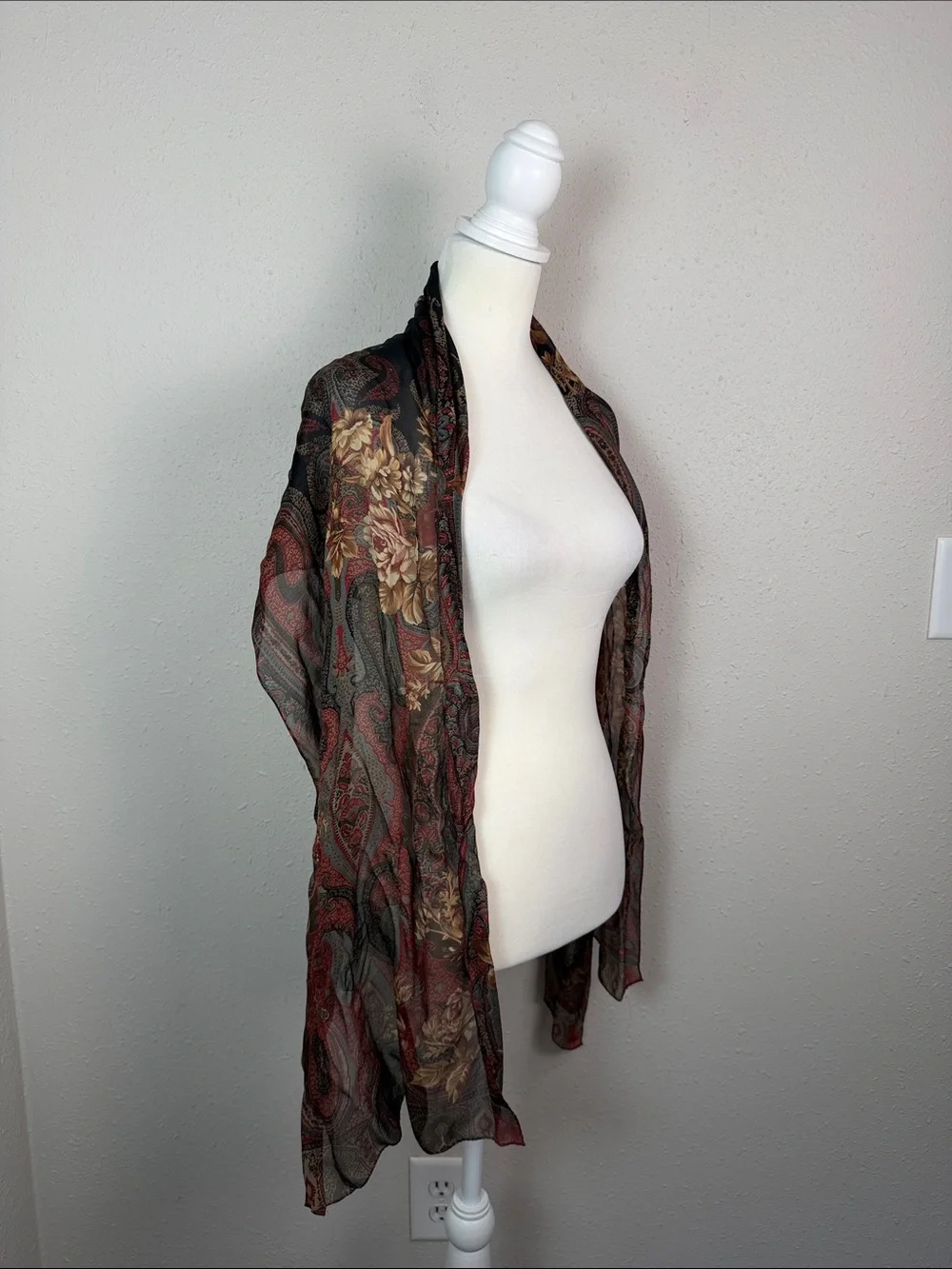 Ralph Lauren 100% Silk Scarf Floral Paisley Burgundy Long Oblong Vintage Style